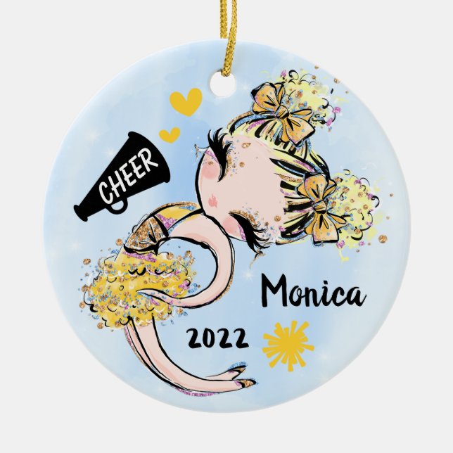 Yellow  Gold Cheerleader Girl Ornament Blonde Hair (Front)