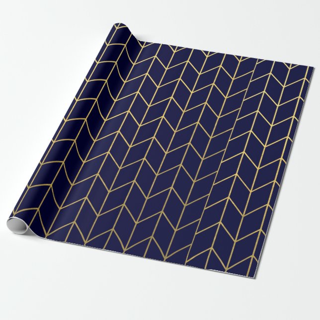 Yellow Gold Chevron Navy Blue Modern Chic Wrapping Paper (Unrolled)