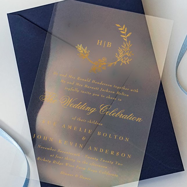 Yellow Gold Classic Floral Wreath Monogram Wedding Acrylic Invitations (Creator Uploaded)
