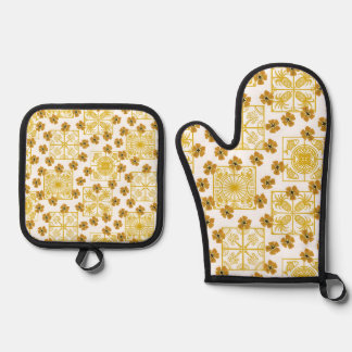 Yellow & Gold Coastal Pattern with Lemons, Palms & Oven Mitt & Pot Holder Set