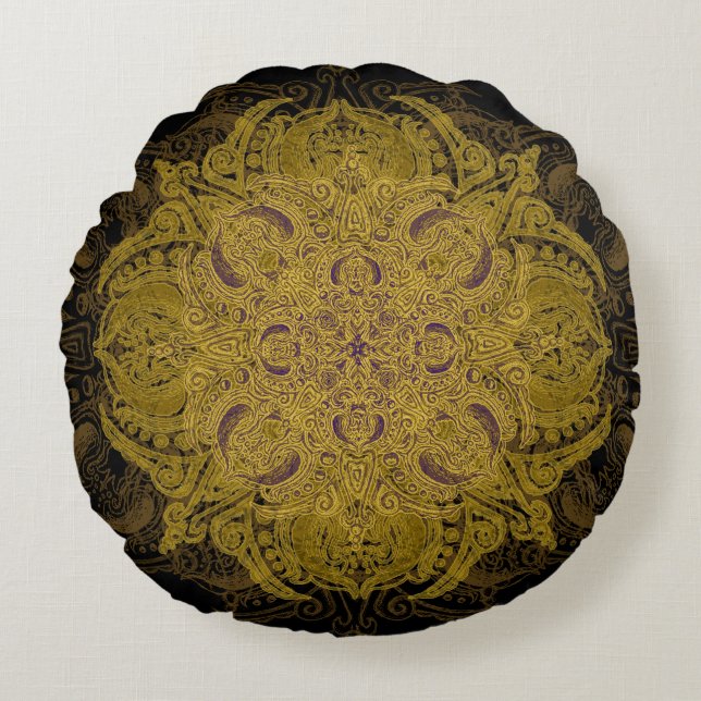Yellow Gold Filigree Mehndi Mandala on Black Round Cushion (Front)