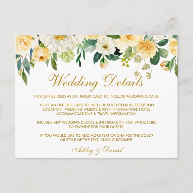 Yellow Gold Floral Wedding Details Insert Card (Front)
