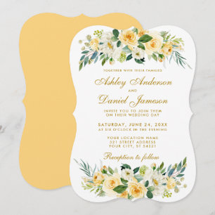 Yellow Gold Floral White Green Wedding Invitation