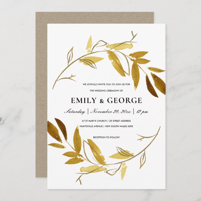 YELLOW GOLD FOLIAGE WATERCOLOR WASH WREATH WEDDING INVITATION (Front/Back)