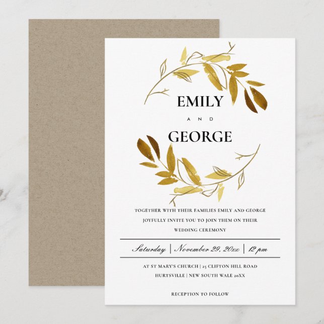 YELLOW GOLD FOLIAGE WATERCOLOR WASH WREATH WEDDING INVITATION (Front/Back)