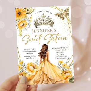 Yellow Gold Girl Princess Tiara Floral Sweet 16 Invitation