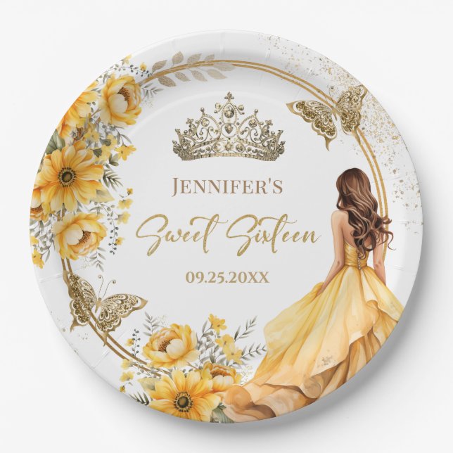 Yellow Gold Girl Princess Tiara Floral Sweet 16 Paper Plate (Front)