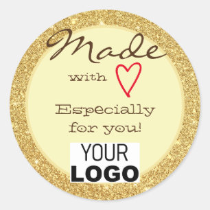 Yellow Gold Glitter Made with Love Red Heart Logo Classic Round Sticker