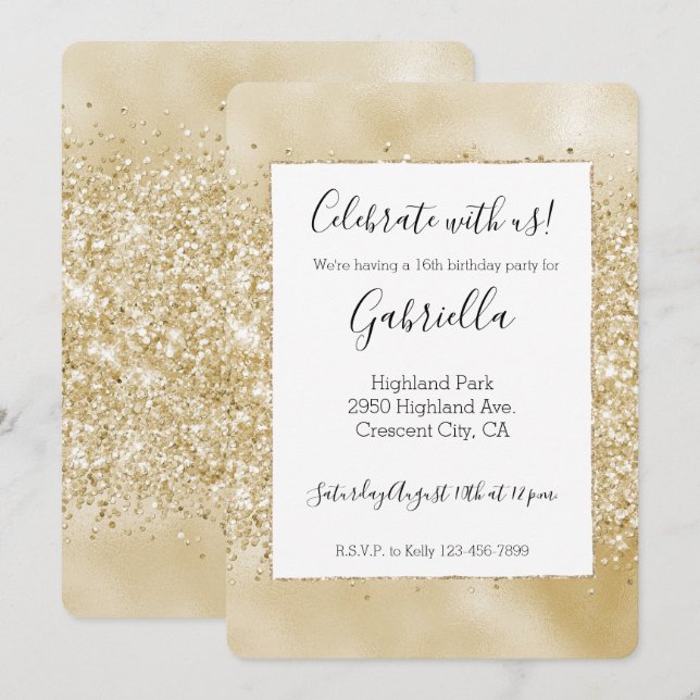 Yellow Gold Glitzy Glitter Invitation (Front/Back)