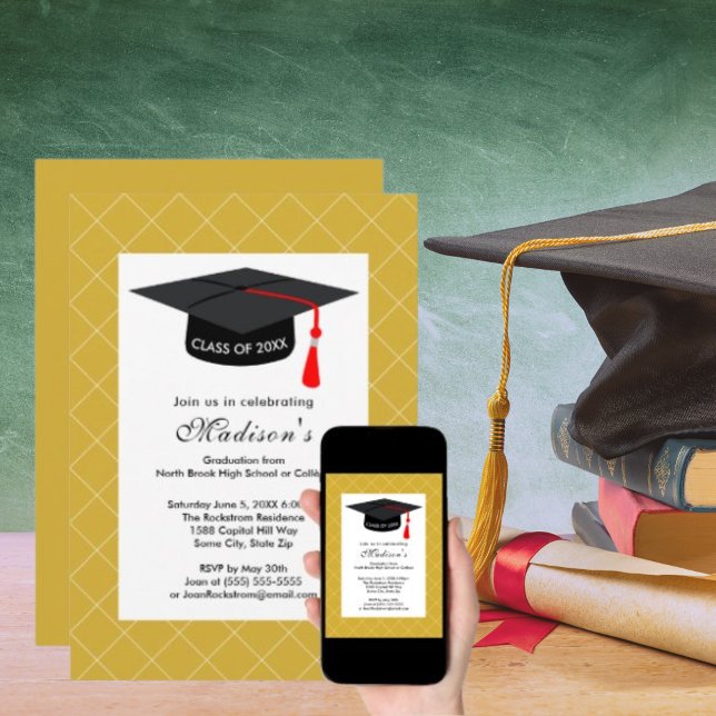 Yellow Gold Graduation Class of 2024 Black Cap Invitation (Yellow Gold Graduation Class of 20XX Black Cap Invitation)