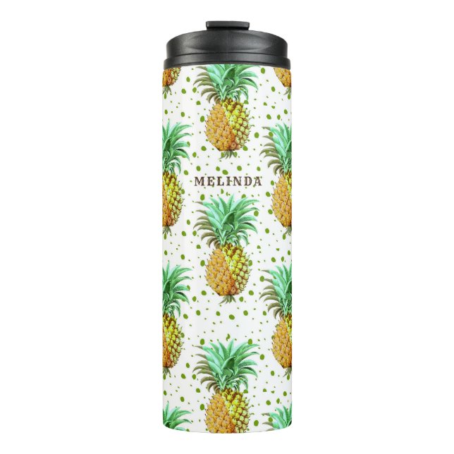 Yellow gold & green pineapple pattern. thermal tumbler (Front)