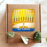Yellow Gold Hanukkah Menorah Elegant Custom Name Square Sticker<br><div class="desc">A close-up photo of a bright, colourful, yellow gold artsy menorah photo helps you usher in the holiday of Hanukkah. Feel the warmth and joy of the holiday season whenever you use this stunning, colourful Hanukkah sticker. Matching cards, stamps, tote bags, serving trays, and other products are available in my...</div>