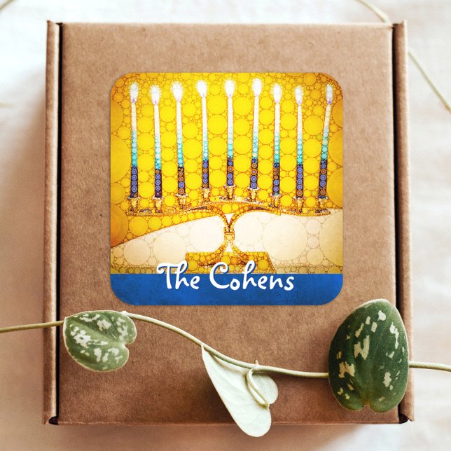 Yellow Gold Hanukkah Menorah Elegant Custom Name Square Sticker (Creator Uploaded)