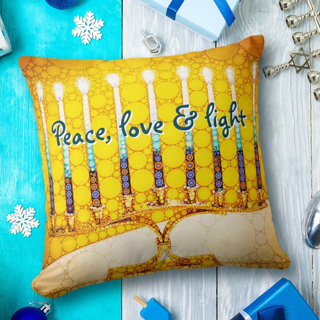 Yellow Gold Hanukkah Menorah Peace Love and Light  Cushion (Creator Uploaded)