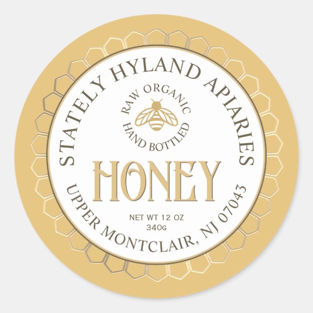 Yellow Gold Honey Honeycomb Border and Bee Classic Round Sticker (Front)