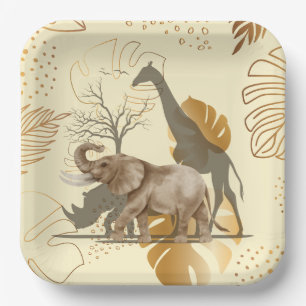 Yellow gold leaves, elephant, giraffe paper plates