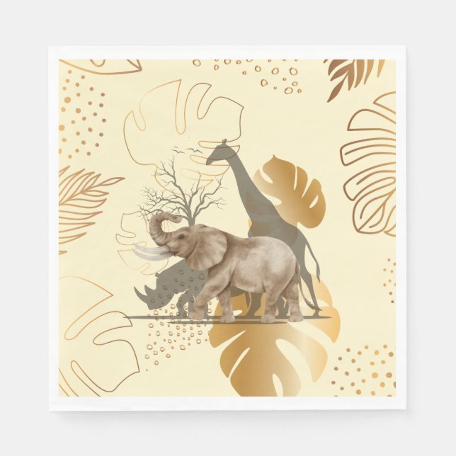 Yellow gold leaves, elephant, giraffe paper plates napkin (Front)