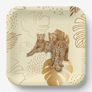 Yellow gold leaves leopard paper plates