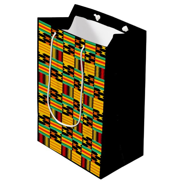 Yellow-Gold Red Black Comb Kente Gift Bag (Front Angled)