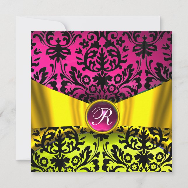 YELLOW GOLD RIBBON FUCHSIA BLACK DAMASK MONOGRAM INVITATION (Front)