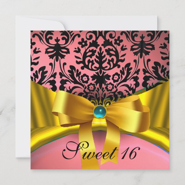 YELLOW GOLD RIBBON PINK BLACK DAMASK INVITATION (Front)