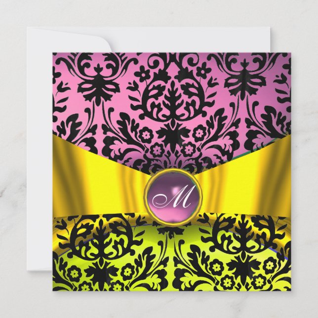 YELLOW GOLD RIBBON PINK BLACK DAMASK MONOGRAM INVITATION (Front)