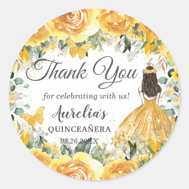 Yellow Gold Rose Floral Butterflies Princess Favou Classic Round Sticker (Front)