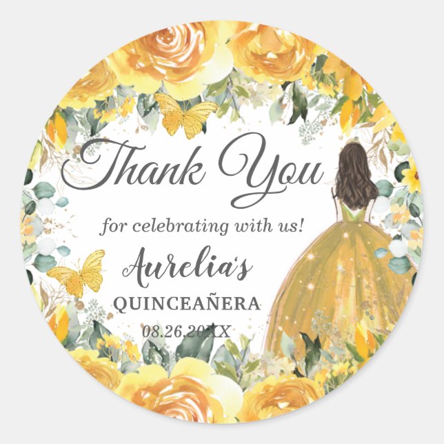 Yellow Gold Rose Floral Butterflies Princess Favou Classic Round Sticker (Front)