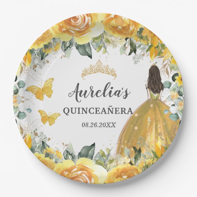 Yellow Gold Rose Floral Butterflies Princess  Paper Plate (Front)