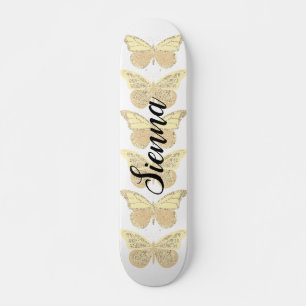 Yellow Gold Sparkle Butterflies Personalised Skateboard