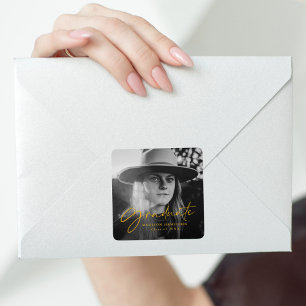 Yellow Gold Stylish Script Photo Graduation Square Sticker