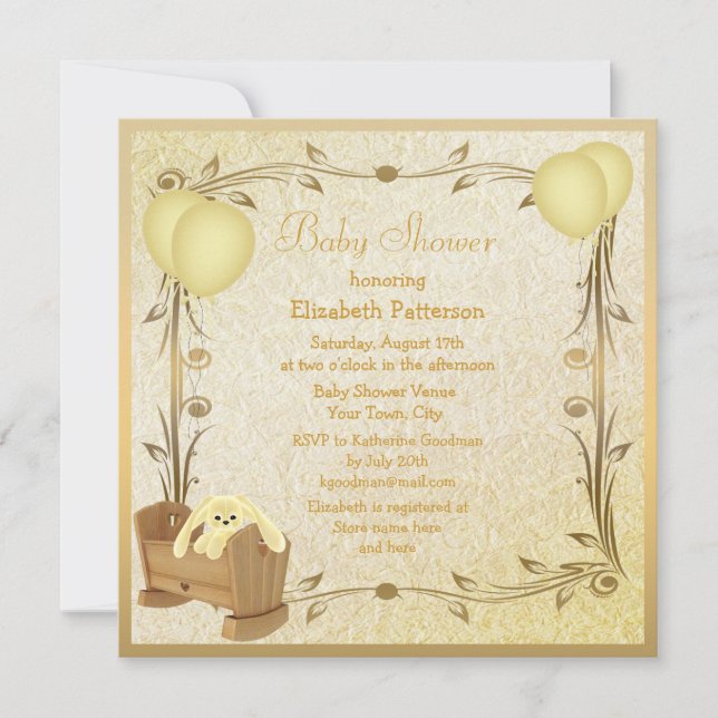 Yellow & Gold Vintage Baby Shower Crib & Bunny Invitation (Front)