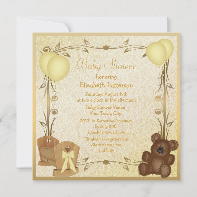 Yellow & Gold Vintage Baby Shower Crib & Teddy Invitation (Front)