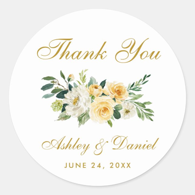 Yellow Gold White Floral Wedding Thank You Classic Round Sticker (Front)