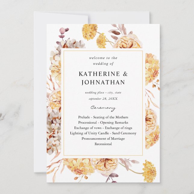 Yellow Golden Floral Wedding Ceremony Program Invitation (Front)