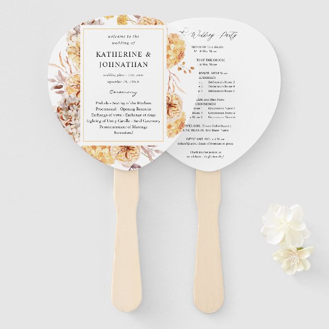 Yellow Golden Floral Wedding Program Hand Fan 2 (Front and Back)