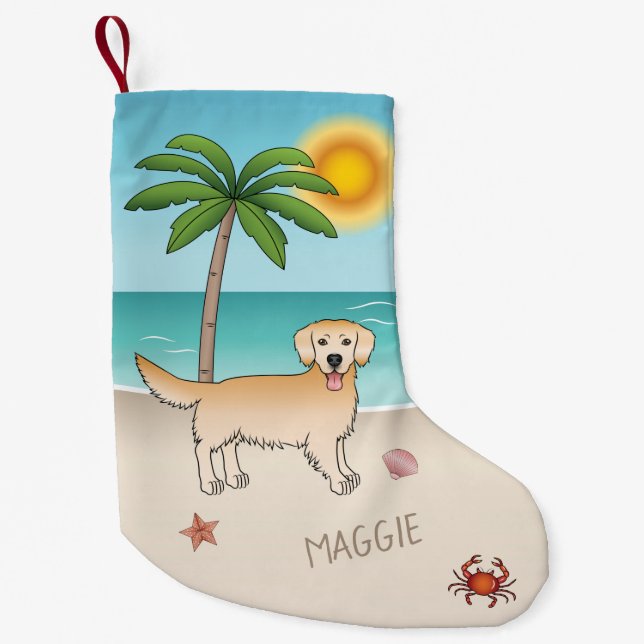 Yellow Golden Retriever At A Tropical Summer Beach Small Christmas Stocking (Front)