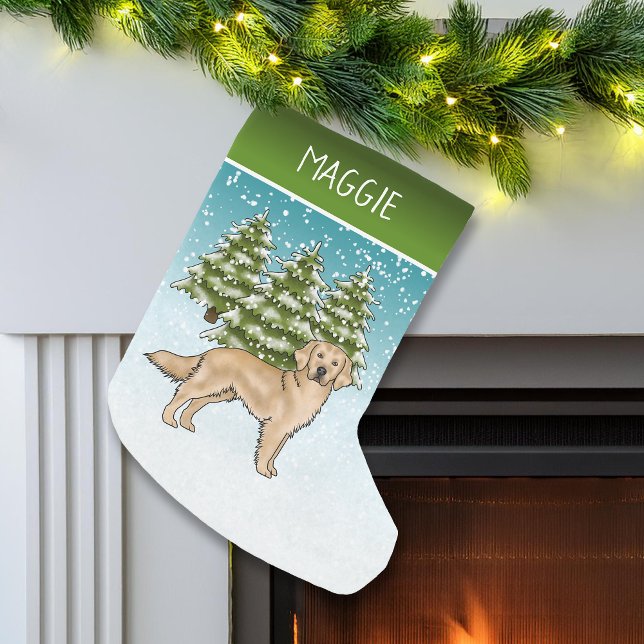 Yellow Golden Retriever Blue Christmas Custom Name Small Christmas Stocking (Creator Uploaded)
