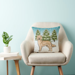 Yellow Golden Retriever Blue Winter Christmas Cushion