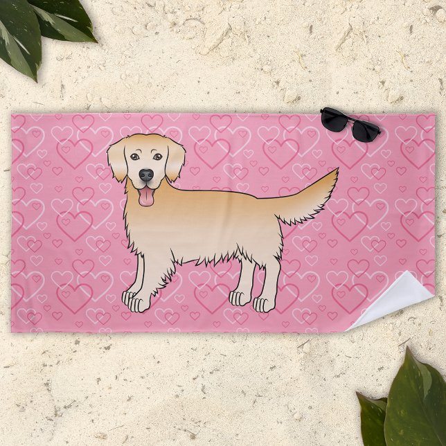 Yellow Golden Retriever Cartoon Dog On Pink Hearts Beach Towel (Creator Uploaded)