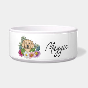Yellow Golden Retriever Colourful Flowers And Name