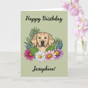 Yellow Golden Retriever Colourful Flowers Birthday Card
