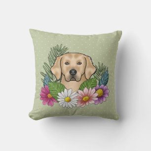 Yellow Golden Retriever Colourful Flowers Green Cushion