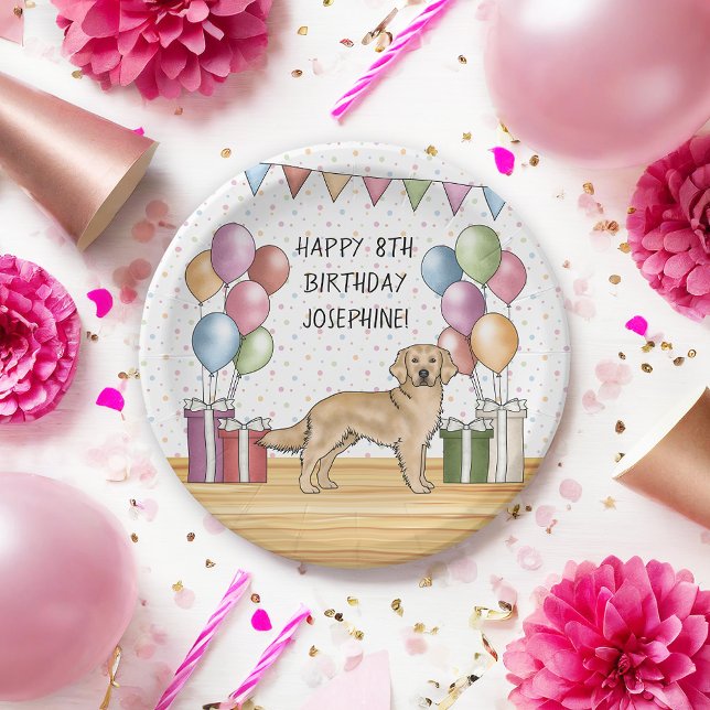 Yellow Golden Retriever Colourful Pastel Birthday Paper Plate (Creator Uploaded)