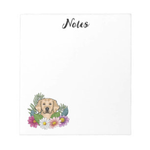 Yellow Golden Retriever Cute Dog Colourful Flowers Notepad