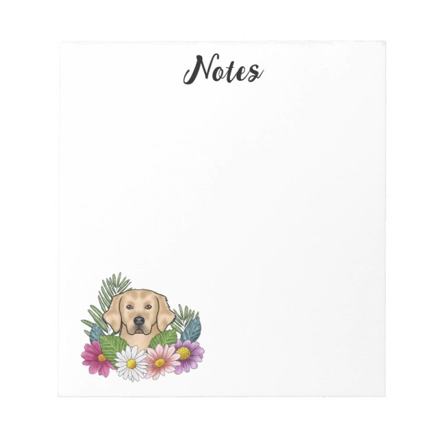 Yellow Golden Retriever Cute Dog Colourful Flowers Notepad (Front)
