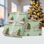 Yellow Golden Retriever Dog And Christmas Tree Wrapping Paper<br><div class="desc">Destei's original cartoon illustration of a cute yellow coat colour Golden Retriever breed dog. The dog is standing by a festive Christmas tree decorated with red and yellow ornaments, a white pearl garland and a yellow star that is placed on the top of the tree. There are also two wrapped...</div>