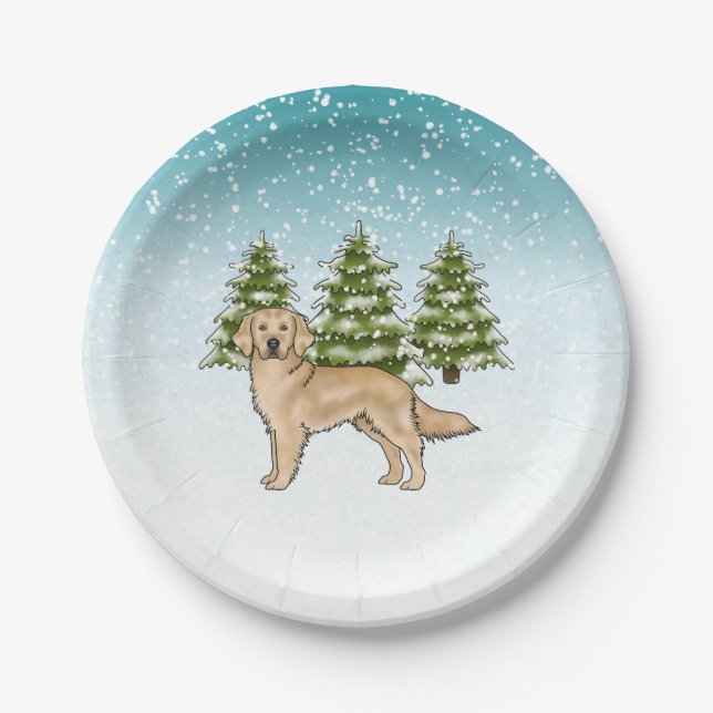 Yellow Golden Retriever Dog Blue Winter Christmas Paper Plate (Front)