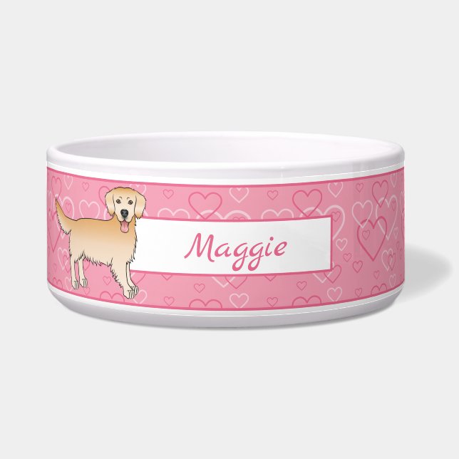 Yellow Golden Retriever Dog On Pink Hearts & Name (Front)