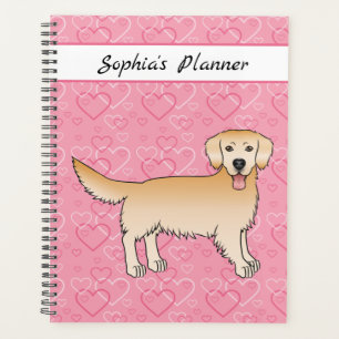 Yellow Golden Retriever Dog On Pink Hearts & Text Planner